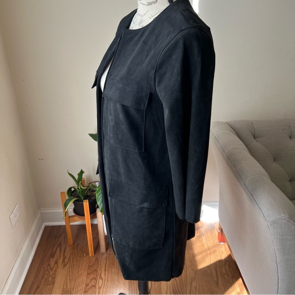 H&M Faux Suede Long Duster Black Open Front Sz 4 - Picture 4 of 7